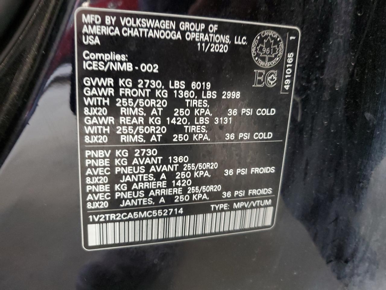 2021 Volkswagen Atlas Sel Premium VIN: 1V2TR2CA5MC552714 Lot: 62287145