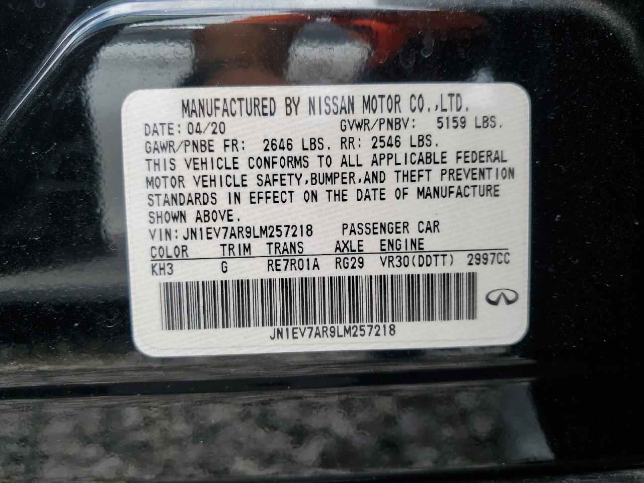 2020 Infiniti Q50 Pure VIN: JN1EV7AR9LM257218 Lot: 60247545
