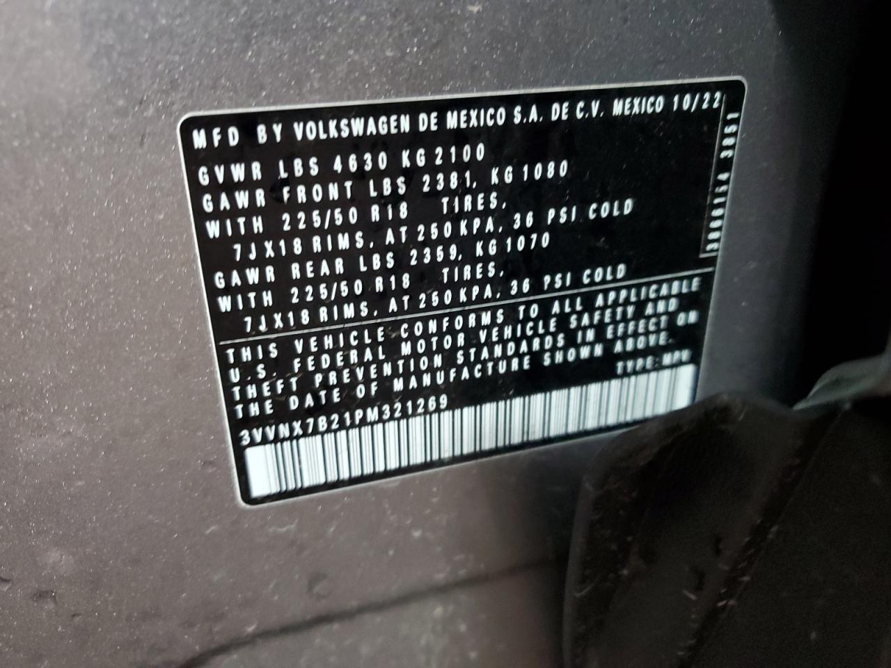 2023 Volkswagen Taos Se VIN: 3VVNX7B21PM321269 Lot: 61481485