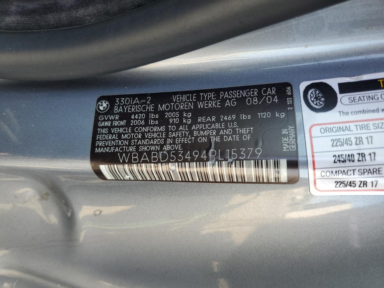 2004 BMW 330 Ci VIN: WBABD53494PL15379 Lot: 62698585