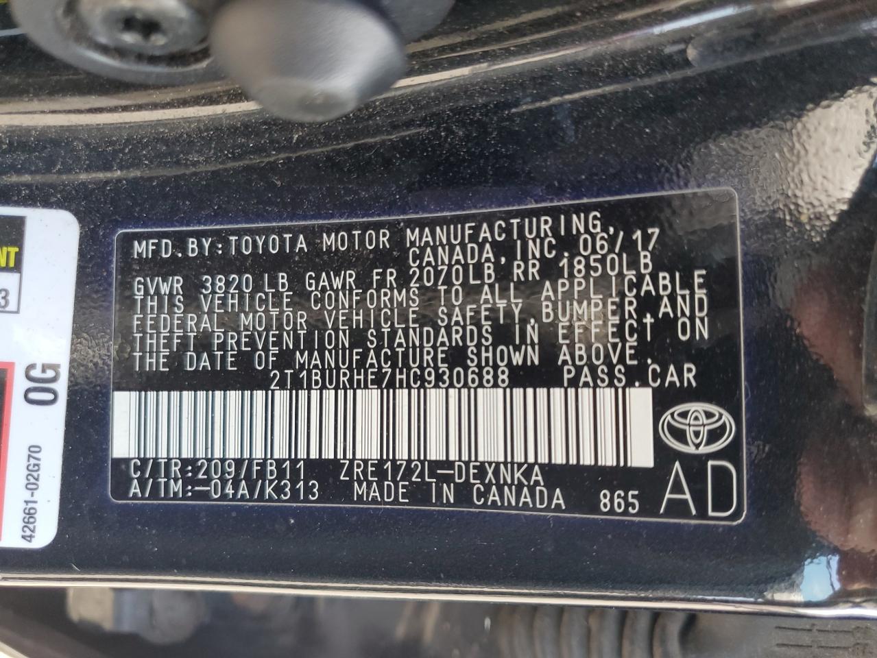 2017 Toyota Corolla L VIN: 2T1BURHE7HC930688 Lot: 62230725