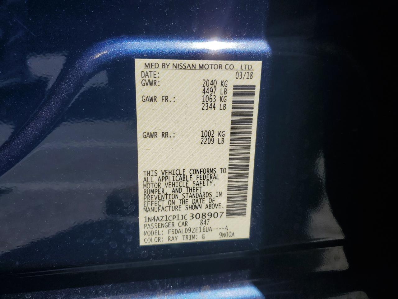 2018 Nissan Leaf S VIN: 1N4AZ1CP1JC308907 Lot: 61651945