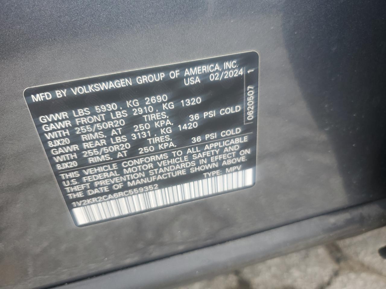 2024 Volkswagen Atlas Se VIN: 1V2KR2CA6RC559352 Lot: 62817135
