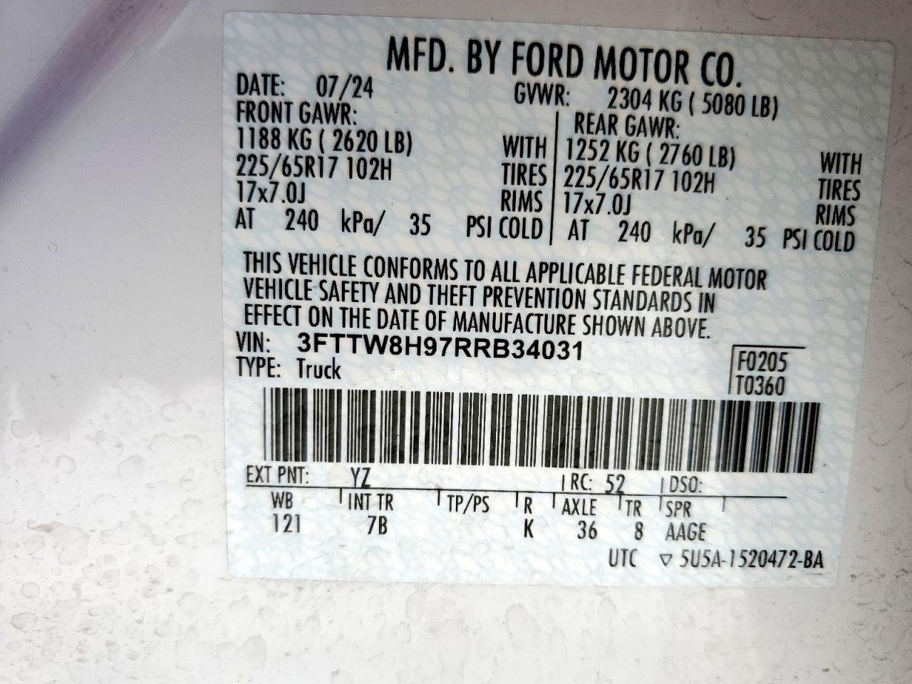 2024 Ford Maverick Xlt VIN: 3FTTW8H97RRB34031 Lot: 60266635