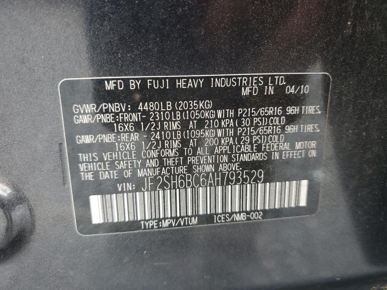 2010 Subaru Forester Xs VIN: JF2SH6BC6AH793529 Lot: 62966215