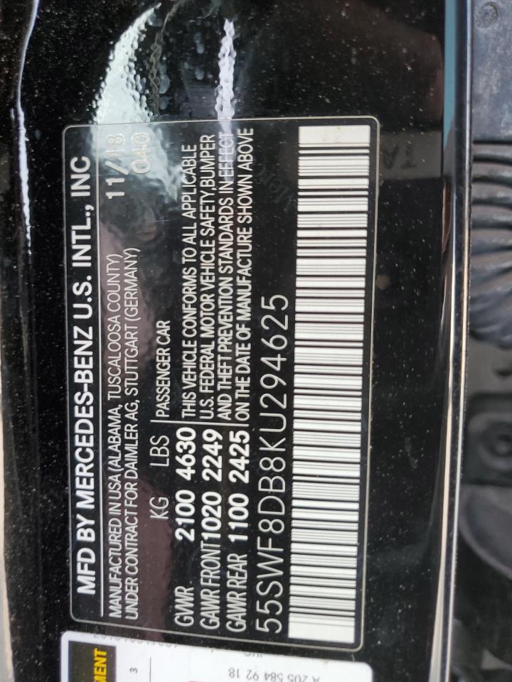 2019 Mercedes-Benz C 300 VIN: 55SWF8DB8KU294625 Lot: 59101745
