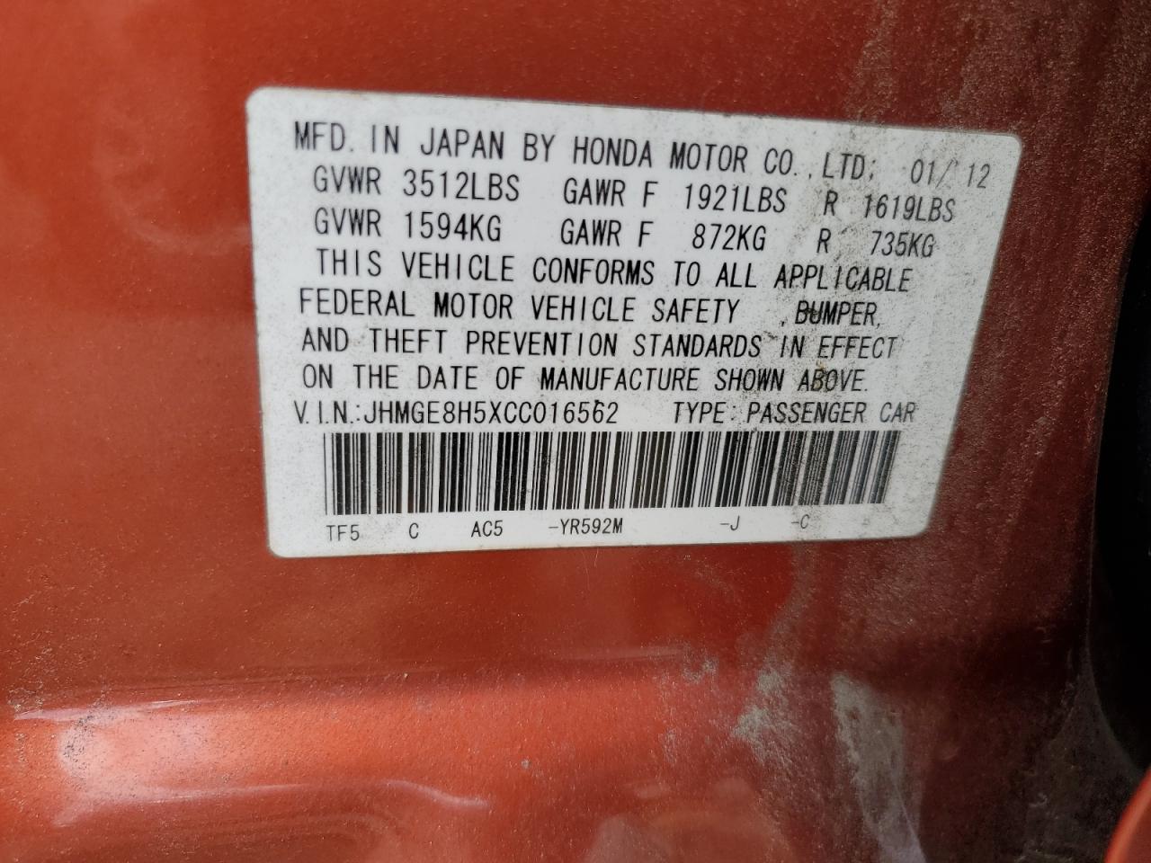 2012 Honda Fit Sport VIN: JHMGE8H5XCC016562 Lot: 62719985