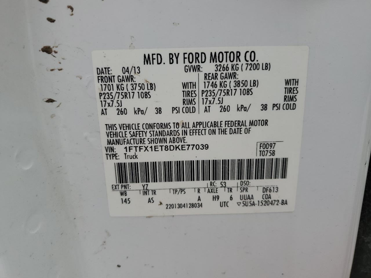 2013 Ford F150 Super Cab VIN: 1FTFX1ET8DKE77039 Lot: 62732435