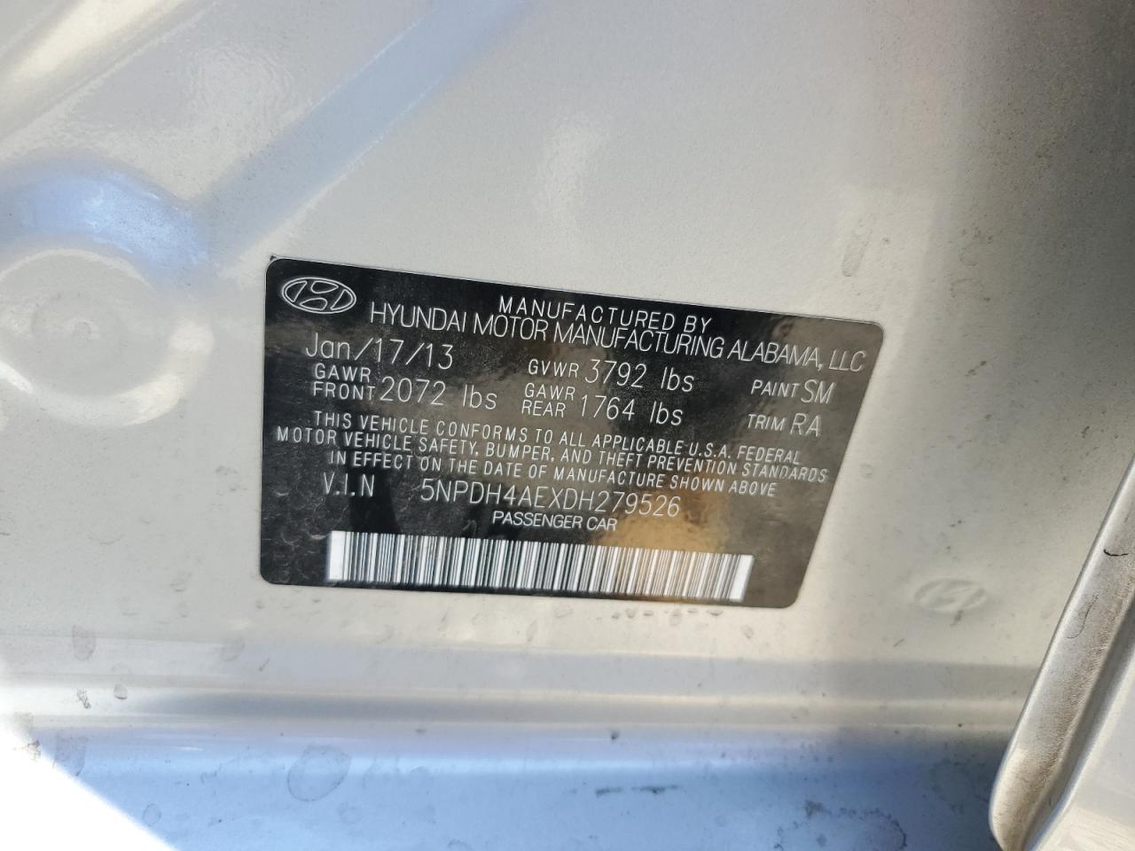 2013 Hyundai Elantra Gls VIN: 5NPDH4AEXDH279526 Lot: 62707025