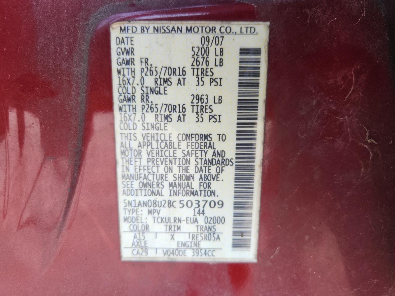 2008 Nissan Xterra Off Road VIN: 5N1AN08U28C503709 Lot: 62752915