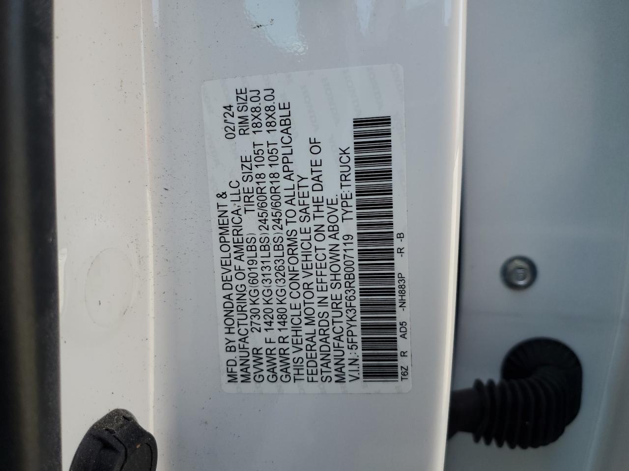 2024 Honda Ridgeline Trail Sport VIN: 5FPYK3F63RB007119 Lot: 62460335