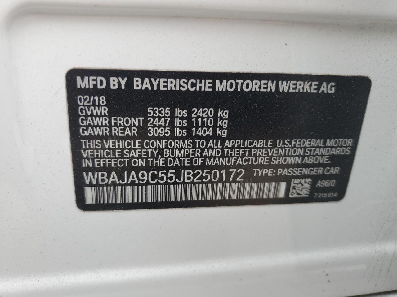 2018 BMW 530E VIN: WBAJA9C55JB250172 Lot: 59111855