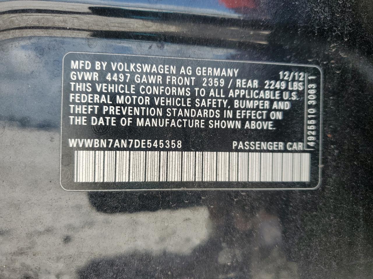 2013 Volkswagen Cc Sport VIN: WVWBN7AN7DE545358 Lot: 62279875