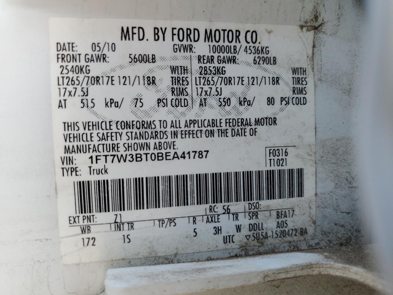 2011 Ford F350 Super Duty VIN: 1FT7W3BT0BEA41787 Lot: 62954785