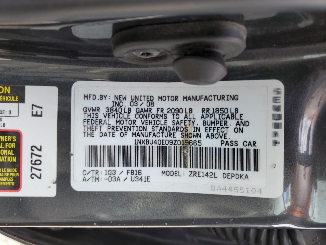 2009 Toyota Corolla Base VIN: 1NXBU40E09Z019665 Lot: 62634565