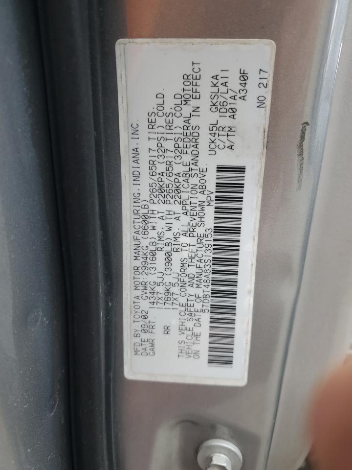 2003 Toyota Sequoia Limited VIN: 5TDBT48A83S139153 Lot: 61470845