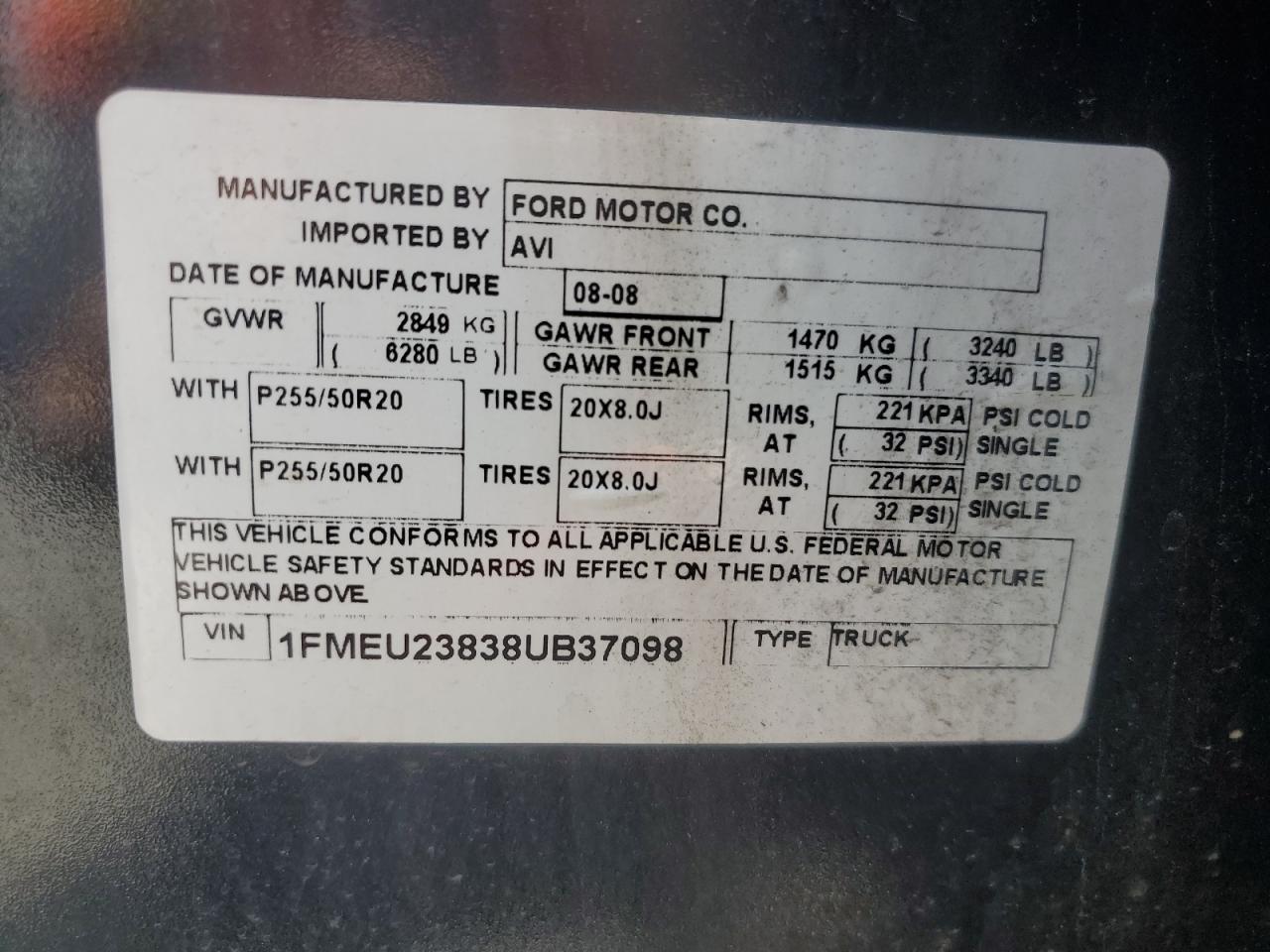2008 Ford Explorer Sport Trac Limited VIN: 1FMEU23838UB37098 Lot: 61896865