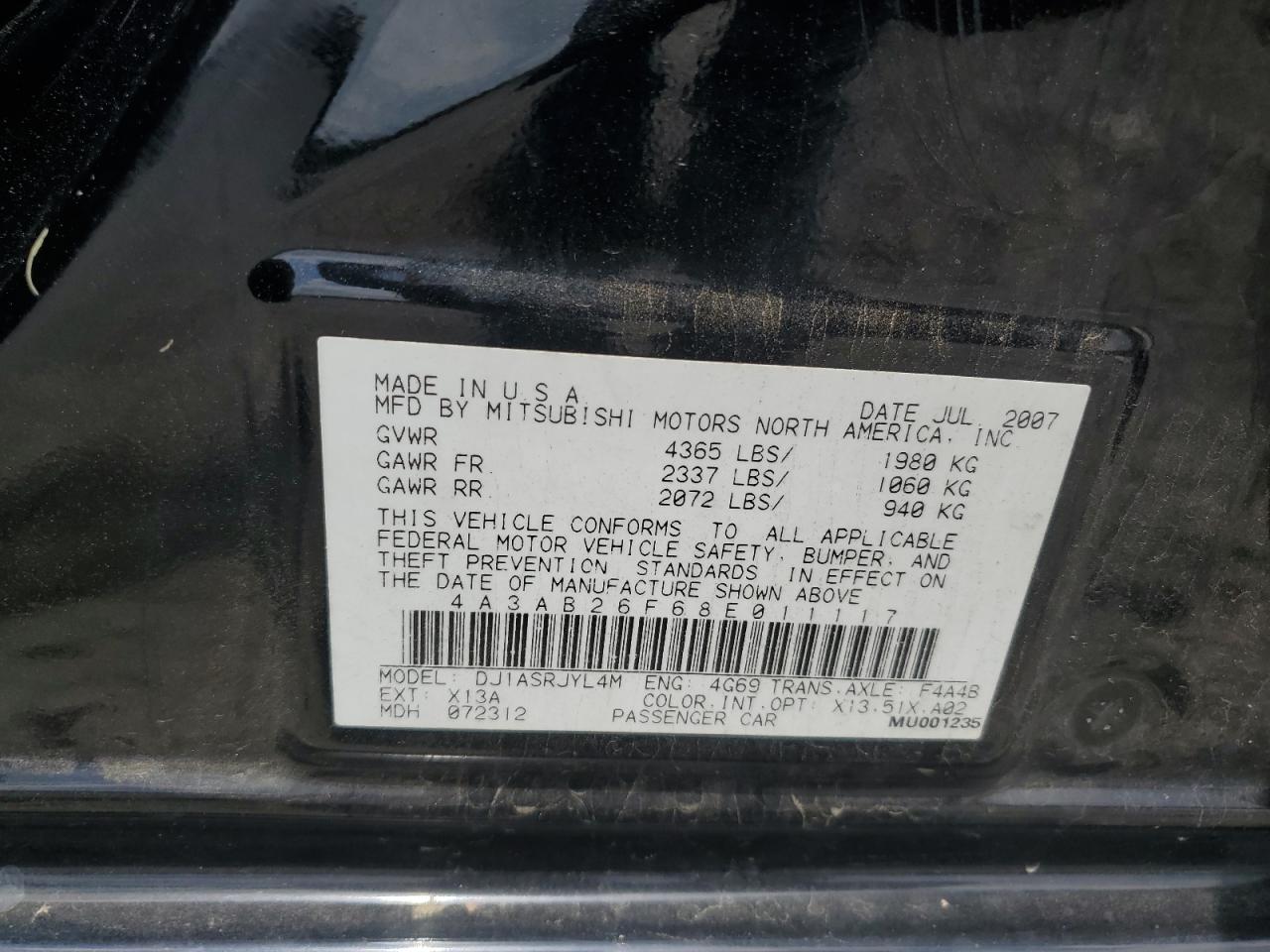 2008 Mitsubishi Galant De VIN: 4A3AB26F68E011117 Lot: 61746695