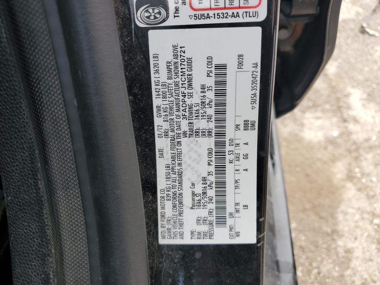 2012 Ford Fiesta Ses VIN: 3FADP4FJ1CM170721 Lot: 61241525