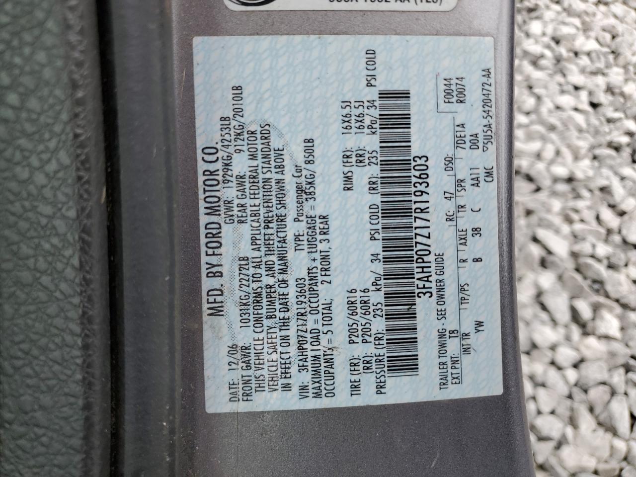 2007 Ford Fusion Se VIN: 3FAHP07Z17R193603 Lot: 59340385