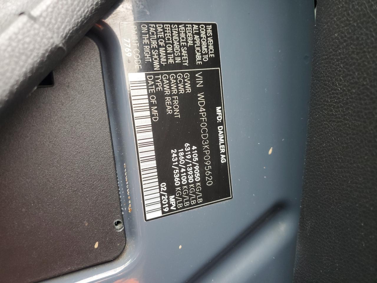 2019 Mercedes-Benz Sprinter 2500/3500 VIN: WD4PF0CD3KP095620 Lot: 59577455