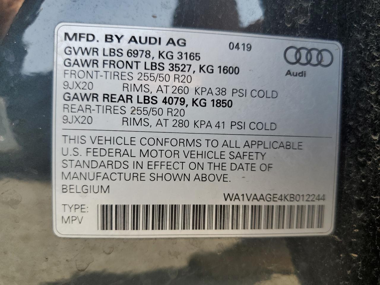 2019 Audi E-Tron Prestige VIN: WA1VAAGE4KB012244 Lot: 61049715