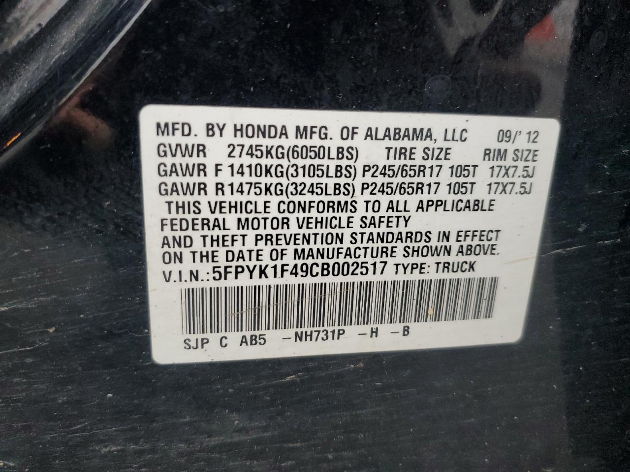 2012 Honda Ridgeline Rts VIN: 5FPYK1F49CB002517 Lot: 62398685
