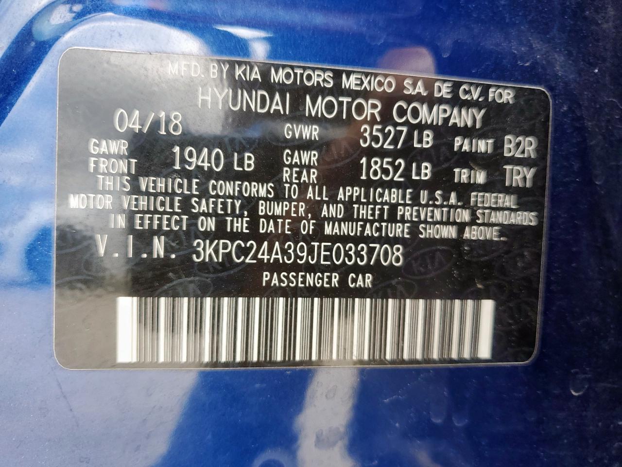 2018 Hyundai Accent Se VIN: 3KPC24A39JE033708 Lot: 62365565
