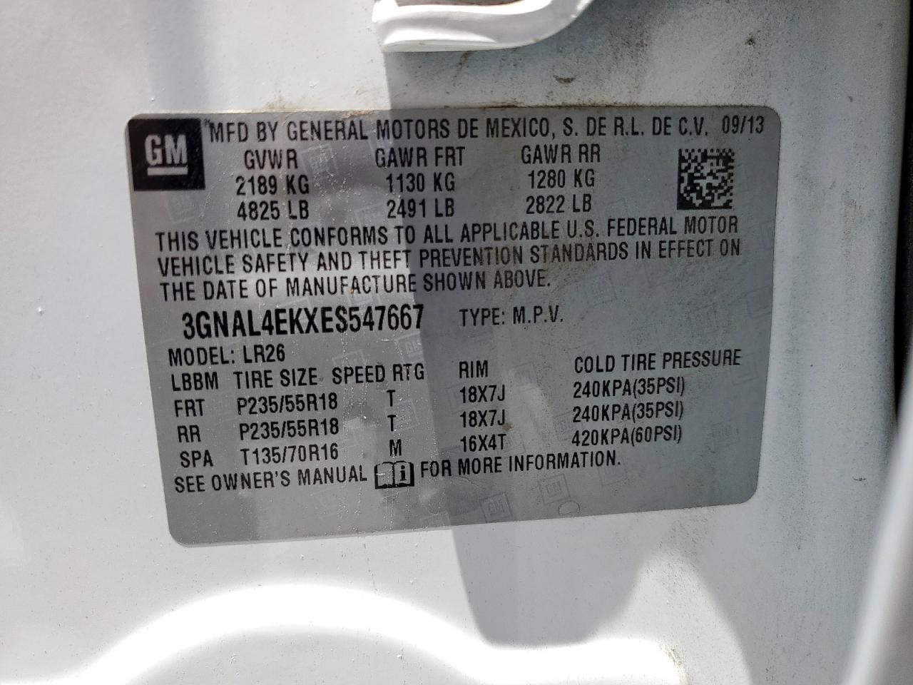 2014 Chevrolet Captiva Ltz VIN: 3GNAL4EKXES547667 Lot: 61484595
