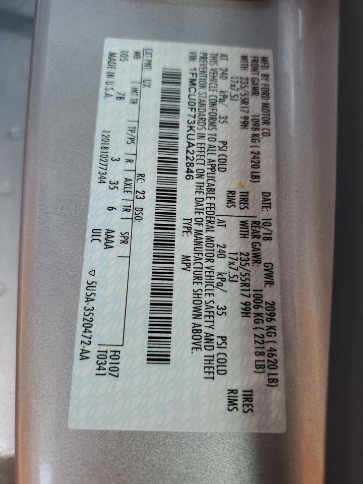 2019 Ford Escape S VIN: 1FMCU0F73KUA22846 Lot: 62757305