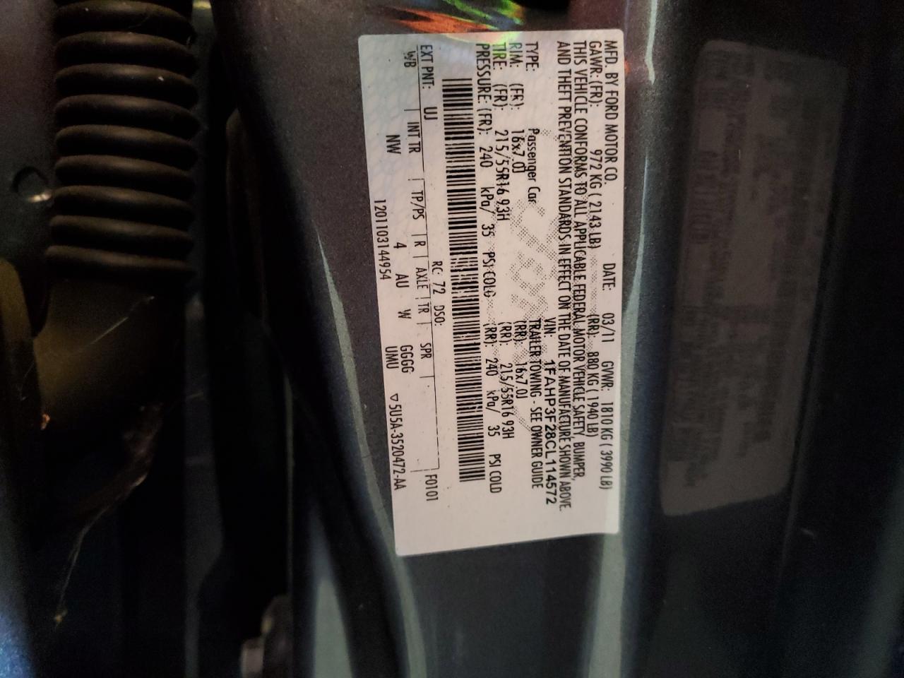 2012 Ford Focus Se VIN: 1FAHP3F28CL114572 Lot: 63053035