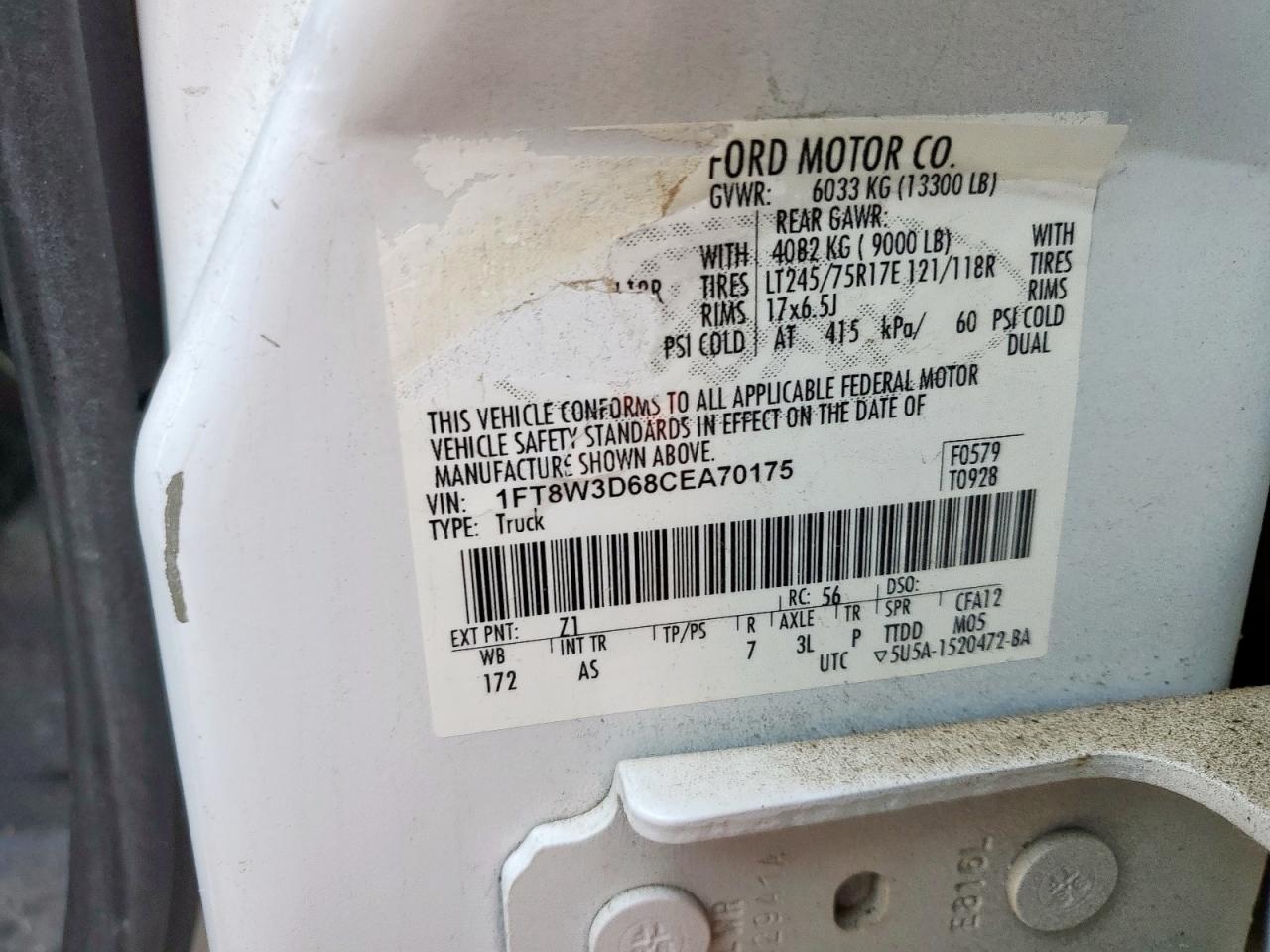 2012 Ford F350 Super Duty VIN: 1FT8W3D68CEA70175 Lot: 62771095