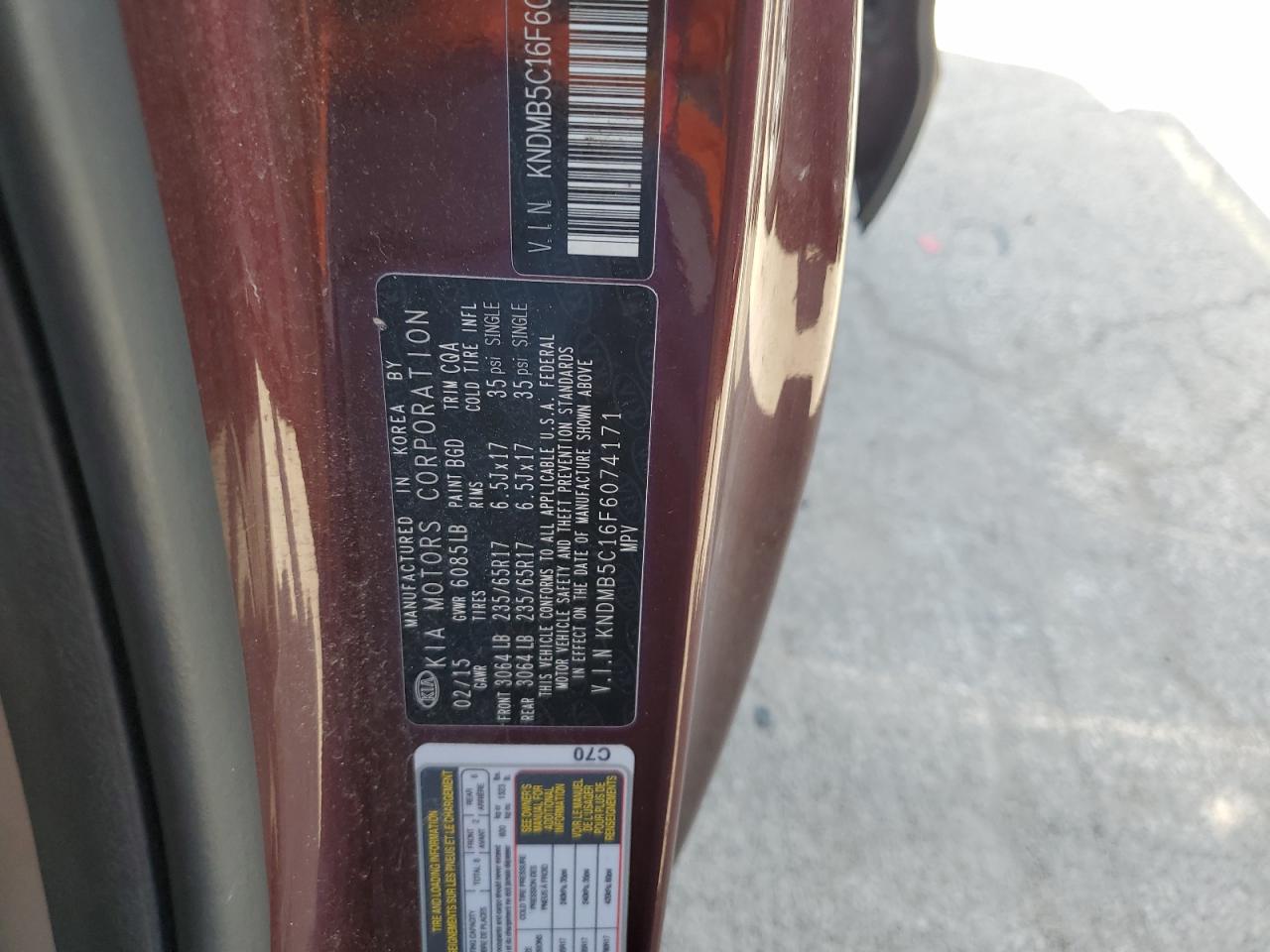 2015 Kia Sedona Lx VIN: KNDMB5C16F6074171 Lot: 62291535