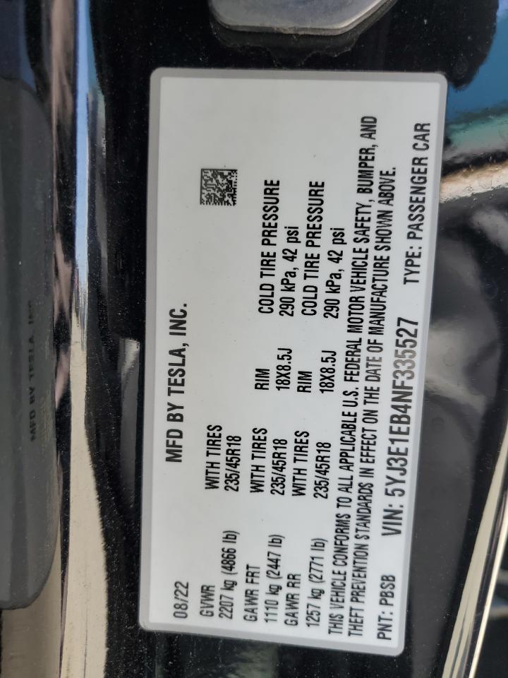 2022 Tesla Model 3 VIN: 5YJ3E1EB4NF335527 Lot: 70220875