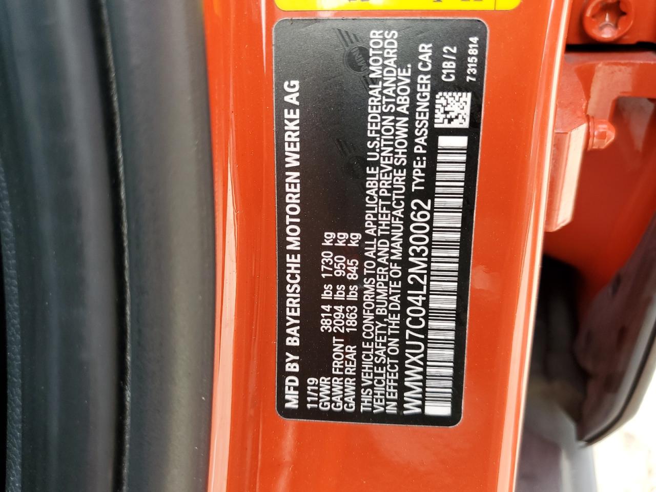 2020 Mini Cooper VIN: WMWXU7C04L2M30062 Lot: 62363475