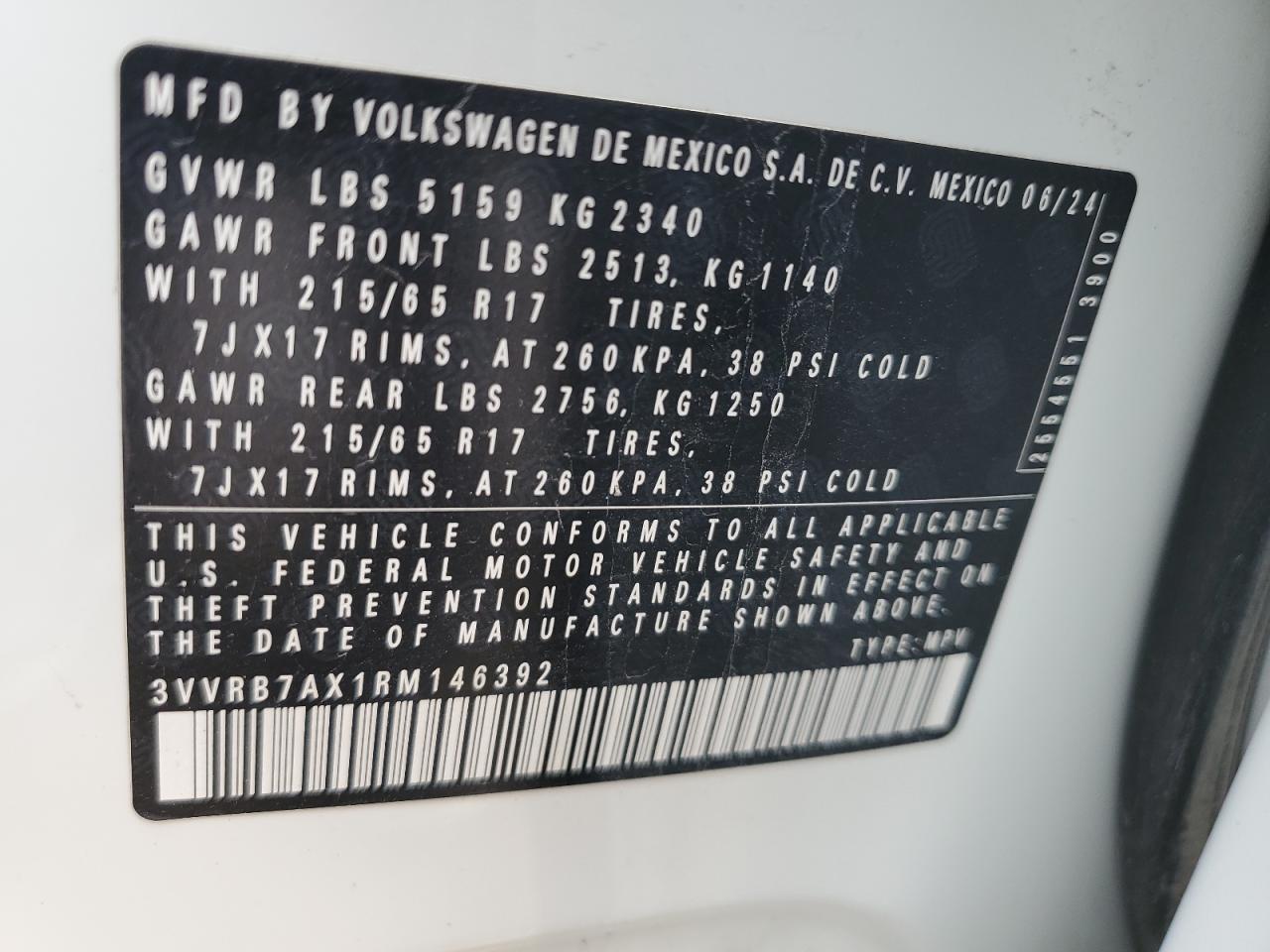 2024 Volkswagen Tiguan S VIN: 3VVRB7AX1RM146392 Lot: 59030945