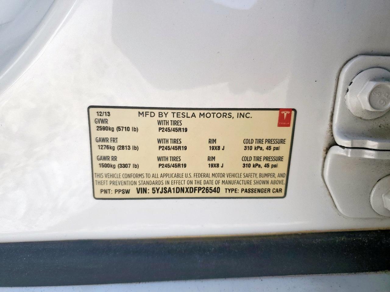 2013 Tesla Model S VIN: 5YJSA1DNXDFP26540 Lot: 63107965