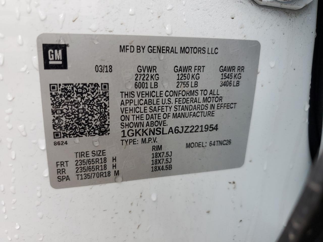 2018 GMC Acadia Sle VIN: 1GKKNSLA6JZ221954 Lot: 59915175
