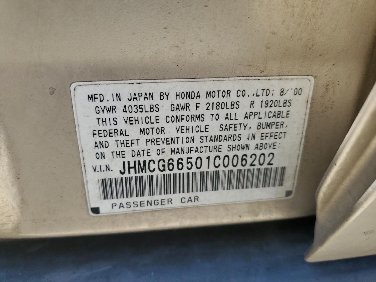 2001 Honda Accord Lx VIN: JHMCG66501C006202 Lot: 61103645