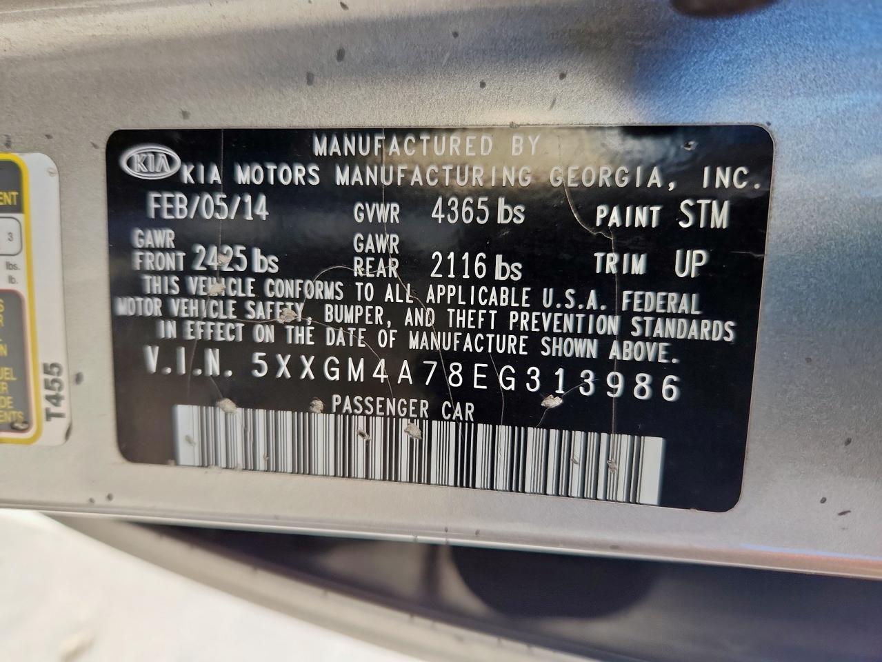 2014 Kia Optima Lx VIN: 5XXGM4A78EG313986 Lot: 62905795