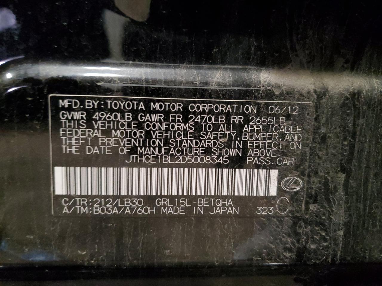 2013 Lexus Gs 350 VIN: JTHCE1BL2D5008345 Lot: 60836445