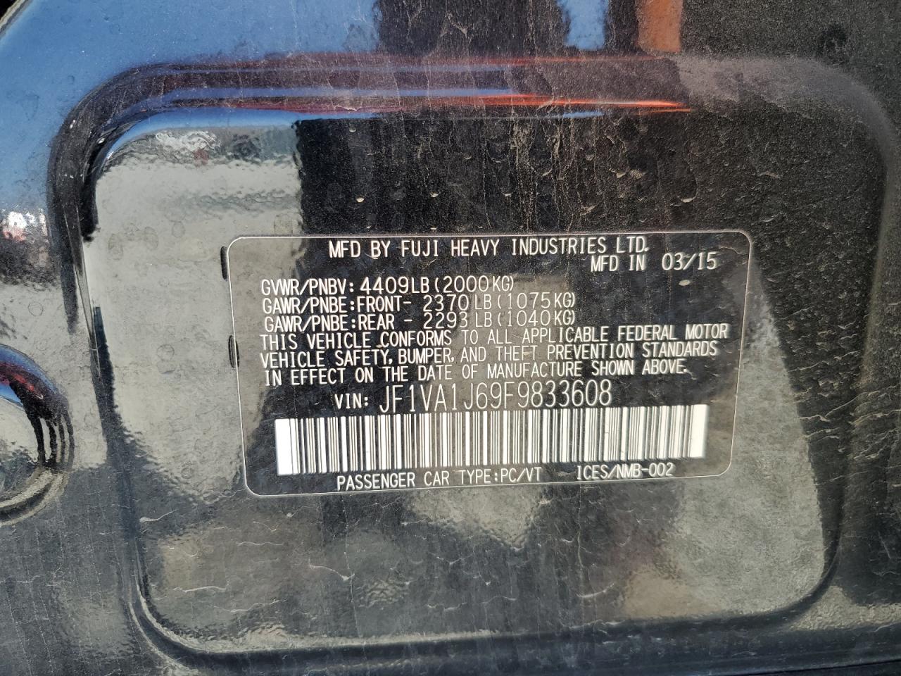 2015 Subaru Wrx Limited VIN: JF1VA1J69F9833608 Lot: 62781825
