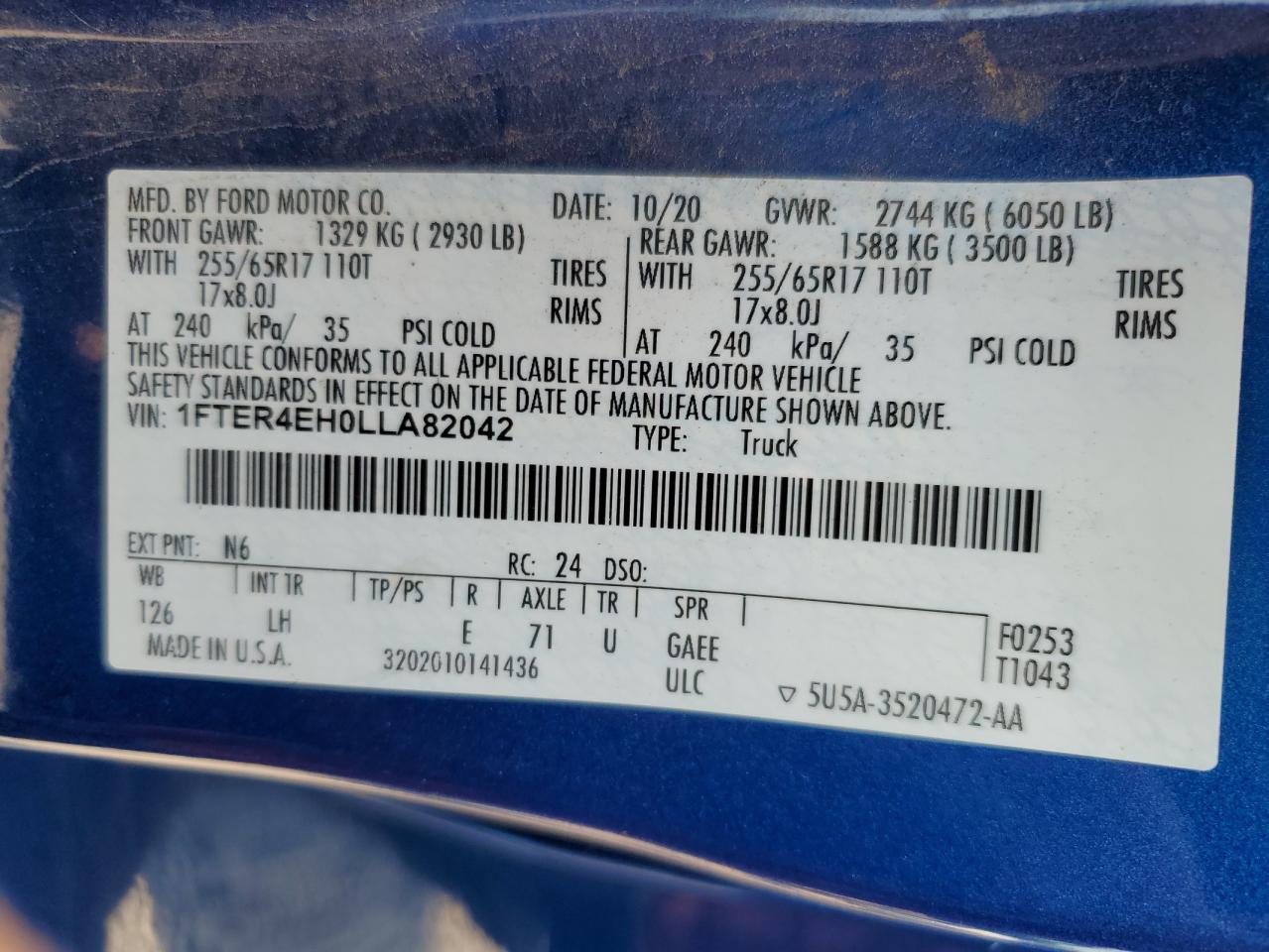 2020 Ford Ranger Xl VIN: 1FTER4EH0LLA82042 Lot: 59361425