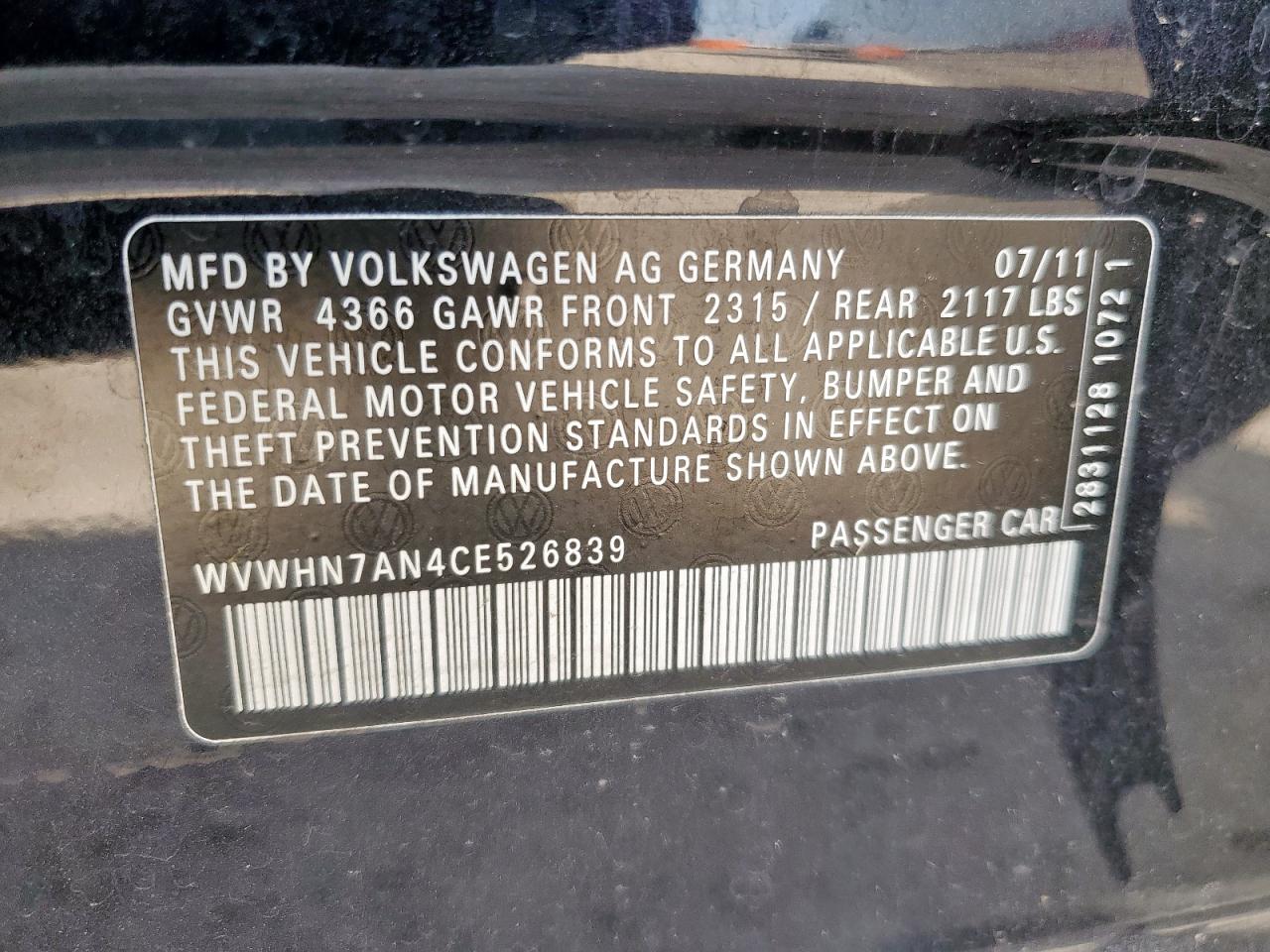 2012 Volkswagen Cc Luxury VIN: WVWHN7AN4CE526839 Lot: 59231705