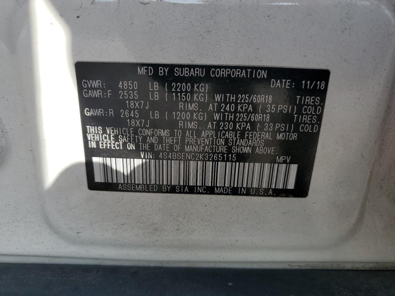 2019 Subaru Outback 3.6R Limited VIN: 4S4BSENC2K3265115 Lot: 60650825