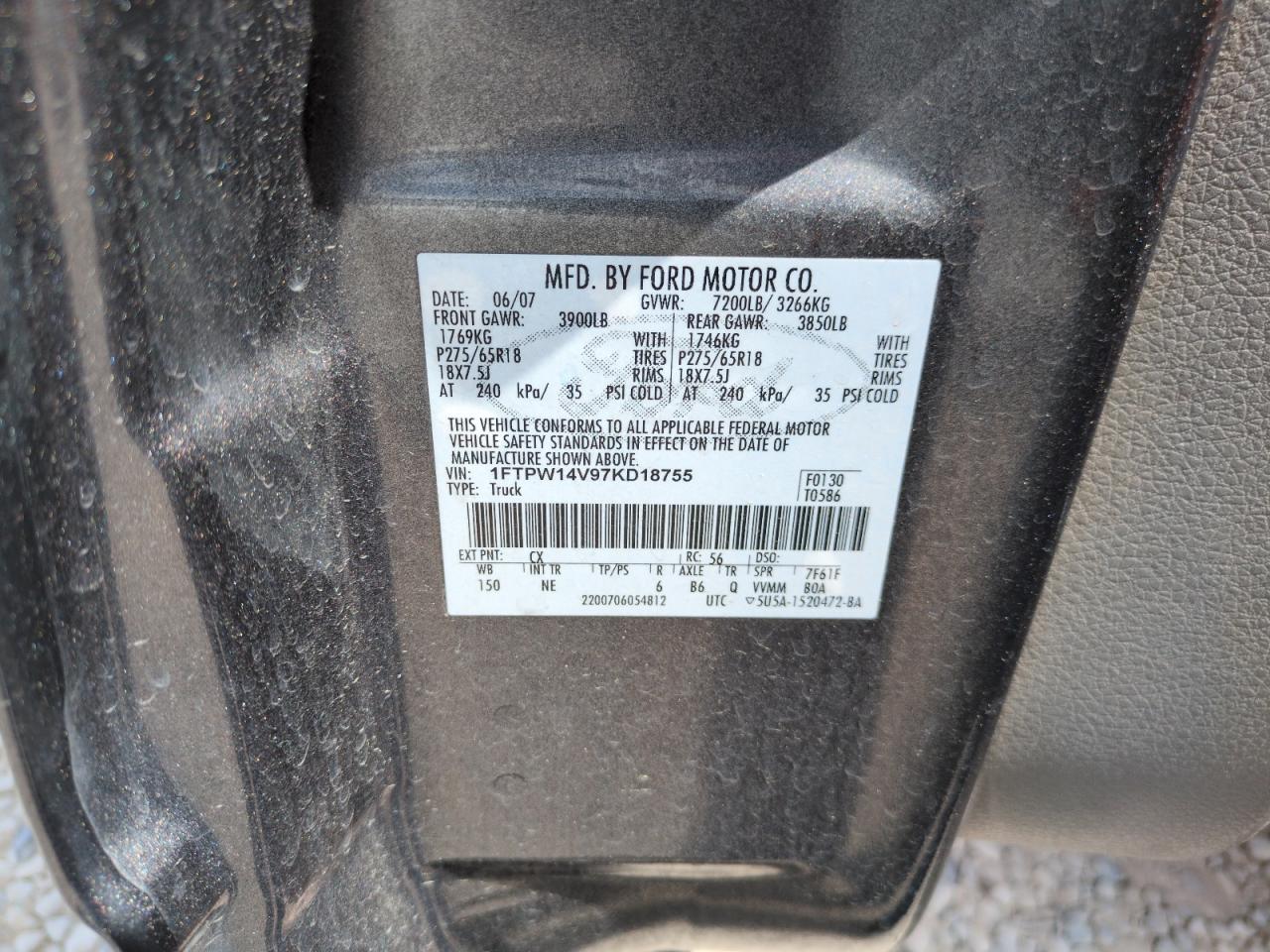 2007 Ford F150 Supercrew VIN: 1FTPW14V97KD18755 Lot: 59716275