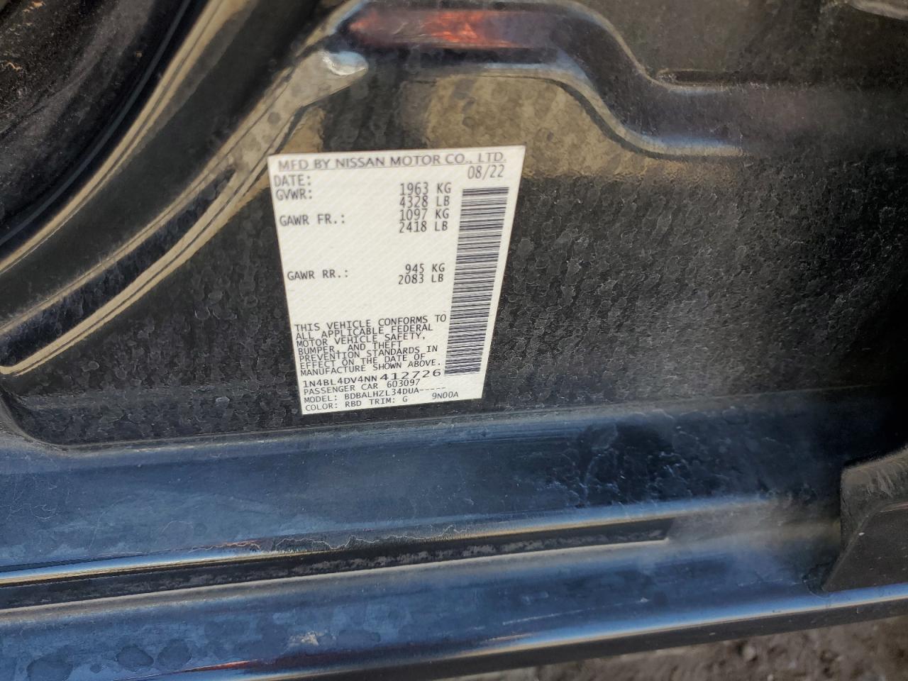 2022 Nissan Altima Sv VIN: 1N4BL4DV4NN412726 Lot: 63155775