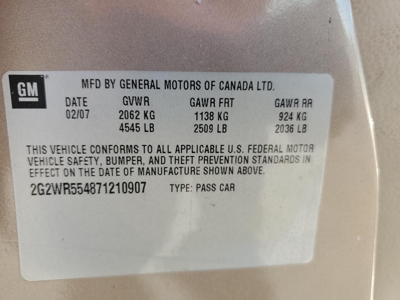 2007 Pontiac Grand Prix Gt VIN: 2G2WR554871210907 Lot: 60998495