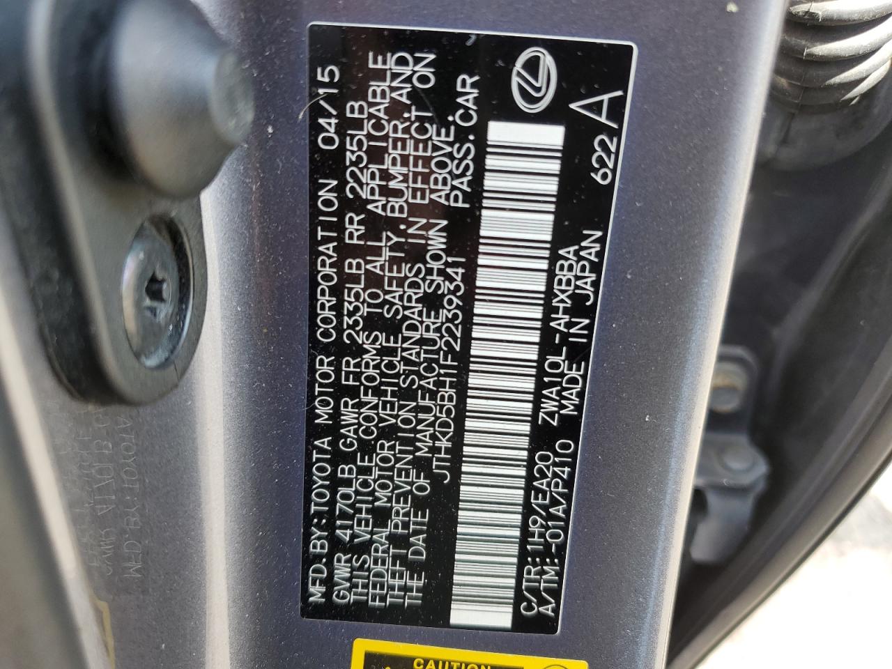 2015 Lexus Ct 200 VIN: JTHKD5BH1F2239341 Lot: 62051495