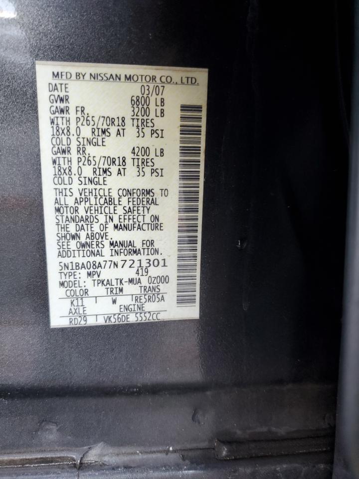2007 Nissan Armada Se VIN: 5N1BA08A77N721301 Lot: 62823295